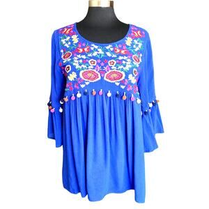 JODIFL Cobalt Blue Boho Top Multicolor Floral Embroidery & Pompom Trim Sz Medium